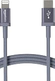 Amazon Basics USB-C-auf-Lightning-Kabel, geflochtenes Nylon, MFi-zertifiziertes Ladekabel für iPhone 13/12/11/X/XS/XR/8, Dunkelgrau, 0.9 m, mit Smartphone